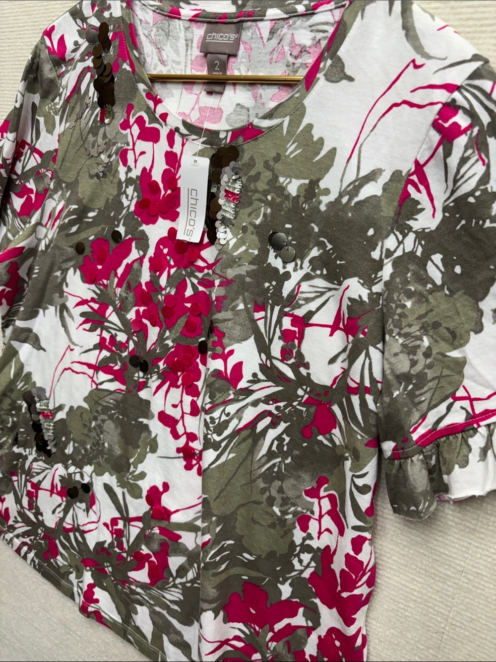 Chico's White Short Sleeve Top with Magenta Floral and Olive Leaves - Picture 4 of 6